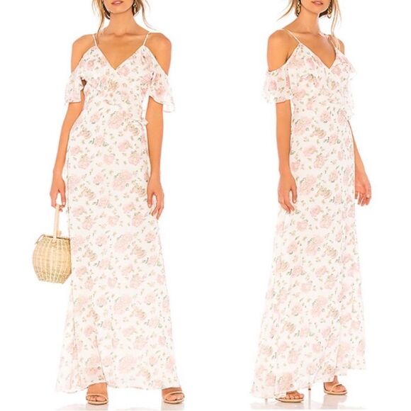 LPA Ruffle Floral Maxi Dress‎ Off Shoulder Sz Medium White Pink Romantic - Picture 1 of 7